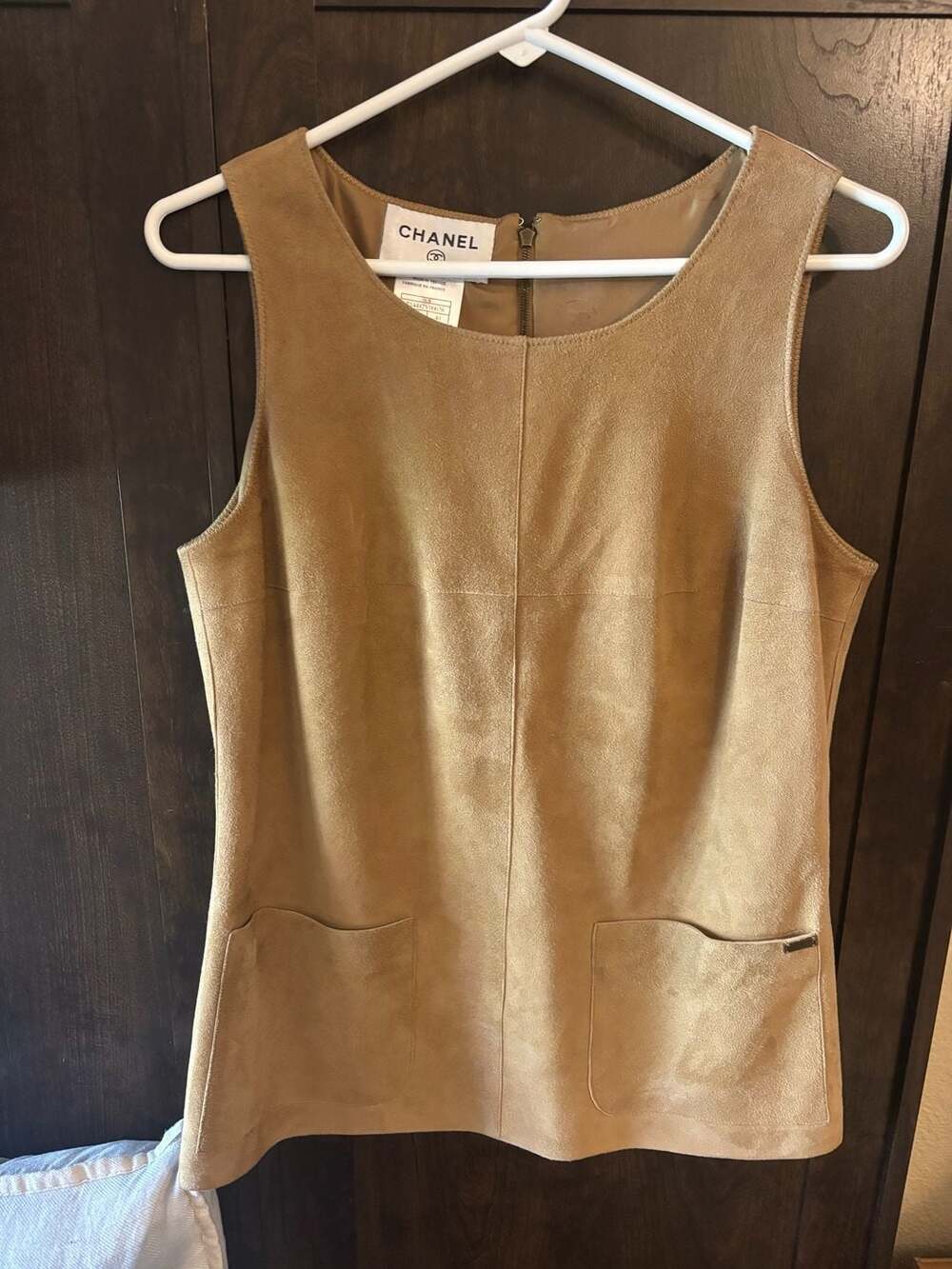 Chanel Vintage Suede Sleeveless Top / Dress with Front Pockets Size 40
